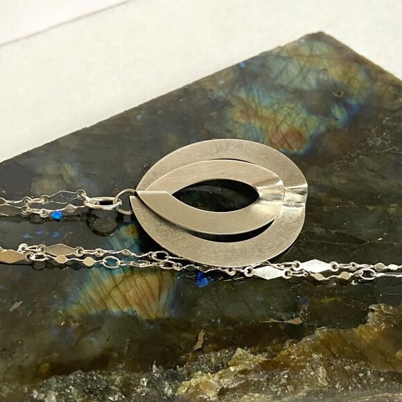 Brushed Sterling Silver 925 Double Ring Modernist Style Round Pendant Necklace - Picture 6 of 16